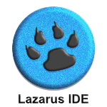 Imagem - círculo fundo azul com o desenho da pata de um felino ao centro na cor preta. Logomarca do Lazarus IDE 